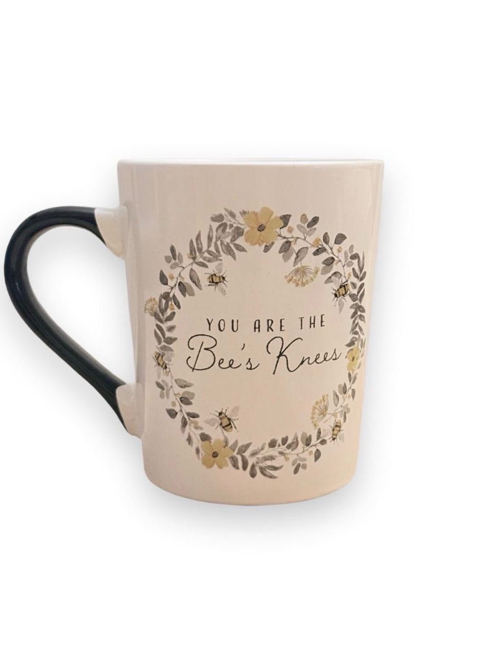 You Are The Bee's Knees Ceramic Mug - Black Handle, Yellow Floral Wreath